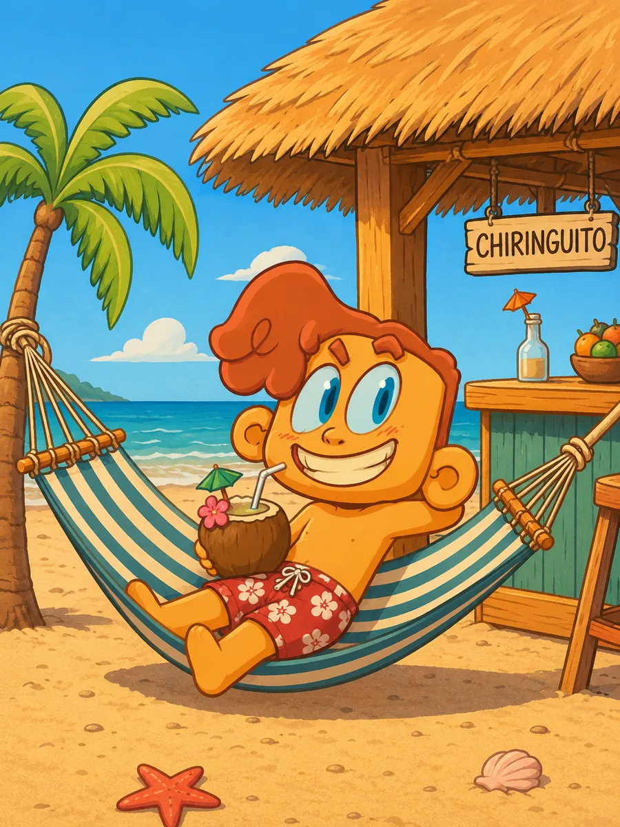 Ilustración de la mascota de El Monaguillo en una escena de playa mallorquina