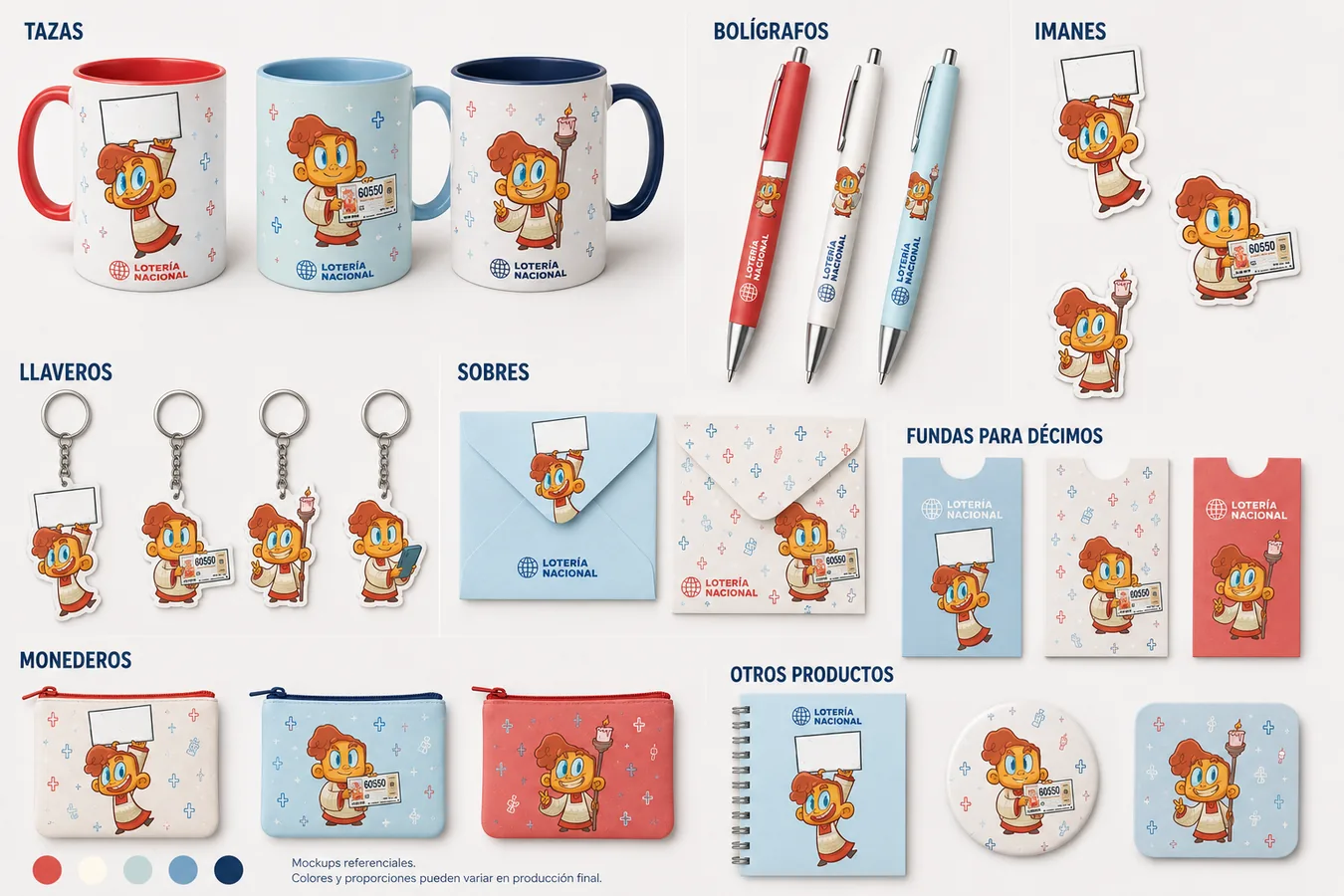 Aplicaciones de la mascota de El Monaguillo en tazas, bolígrafos, imanes y otros materiales