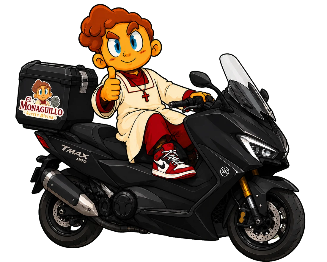 Mascota de El Monaguillo en moto para el servicio a domicilio a comercios